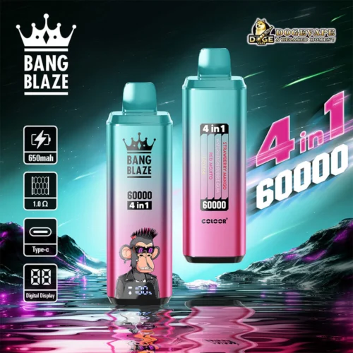 Promotional Image Displaying Two Colourful Vaping Devices Labeled 'Bang Blaze 60,000 4-In-1', Featuring A Crown Logo, A Monkey Illustration On One Device, And Specifications Such As 650Mah Battery, Type-C Charging, Digital Display, And Multiple Flavour Options In A Futuristic Landscape Setting With Glowing Sky And Water Reflections.