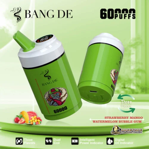 A Promotional Image Of The Bang De Brand Vape Device In Green Casing, Showcasing Features Such As Three Flavors, Dual Coil, Intelligent Power Indicator, And Digital Oil Indicator. The Device Offers 60,000 Puffs And Includes Flavors Like Strawberry Mango, Watermelon, And Bubble Gum. The Bottom Right Corner Features The Dogevape Branding.