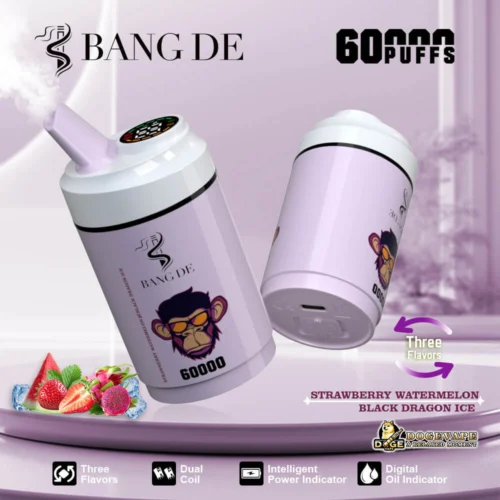 Promotional Image Of Bang De Disposable Vape With 60,000 Puffs, Featuring Dual Designs In Lavender, A Monkey Logo, Three Flavors, And Functional Indicators.