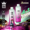 Advertisement for Bang Blaze 60000 4-in-1 vaping device featuring a vibrant design with product specifications such as 650mAh battery, Type-C charging, digital display, and a colourful cosmic background.