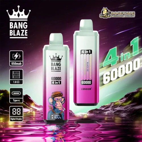 Promotional Image Featuring Two Bang Blaze 4-In-1 Vaping Devices With Gradient Designs, Key Specifications Including 650Mah Battery And Digital Display, Set Against A Vibrant Cosmic Landscape.