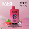 A Bang Leader vape device featuring a pink design with the flavours Strawberry Watermelon & Grape Ice, displayed alongside images of a watermelon slice, strawberries, grapes, and ice cubes.