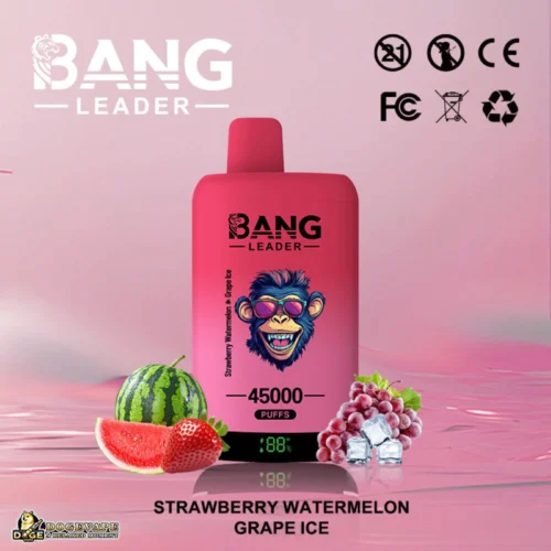 Promotional Image For Bang Leader Vape With Strawberry, Watermelon, Grape Ice Flavors, Featuring A Red Vape Device, Fruit Visuals, Icons For Compliance, And 45,000 Puffs Labeled.