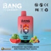 Promotional image for the "BANG Leader" vape device, showcasing a large pink and blue-coloured disposable vape capable of 45,000 puffs, with flavours including strawberry watermelon ice, kiwi passion fruit guava, accompanied by images of the respective fruits.