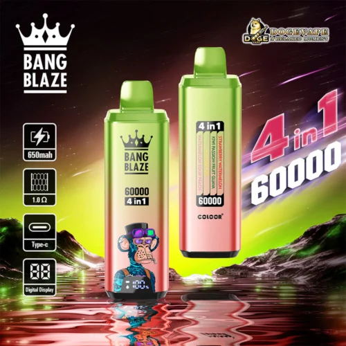 Promotional Image Featuring Two Bang Blaze 4-In-1 Vaping Devices With A Neon Green Gradient Background, Highlighting Key Features Such As 650Mah Capacity, Type-C Port, A Crown Logo Design, A Digital Display, Flavor Options, And A Colourful Artistic Monkey Illustration.