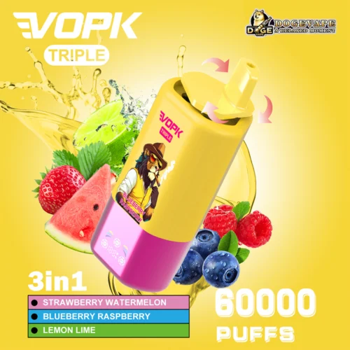 Promotional Image For The Vopk Triple Vape Device Featuring 60000 Puffs Capacity, With Vibrant Fruit Graphics Representing Strawberry Watermelon, Blueberry Raspberry, And Lemon Lime Flavours.