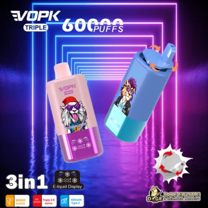 Two brightly designed VOPK triple vape devices are displayed against a neon-lit background, featuring colorful cartoon designs and highlighting features such as 60000 puffs, 3-in-1 e-liquid display, and Type-C charging.