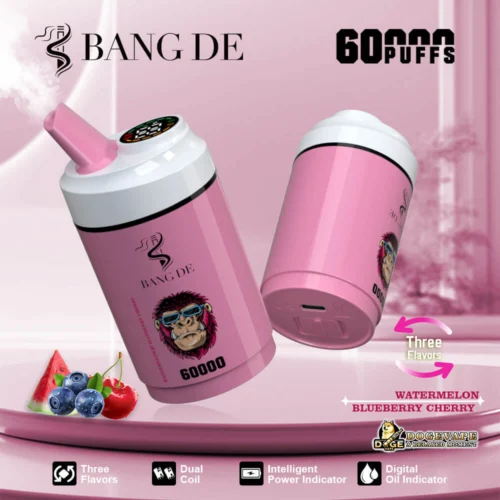 A Bang De Branded Vaping Device With A Pink Cylindrical Design Featuring A Primate Graphic Wearing Sunglasses, Showcasing Its 60,000-Puff Capacity And Three Flavours: Watermelon, Blueberry, And Cherry.