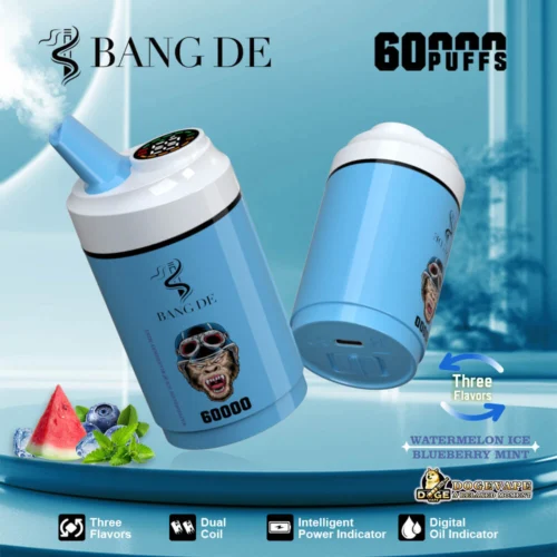 Promotional Image For A Bang De Vape Device With A Light Blue Cylindrical Design Featuring Three Flavors: Watermelon Ice, Blueberry Mint, And Dogevape Advanced Nicotine System. Highlighted Features Include 60,000 Puffs Capacity, A Dual Coil, An Intelligent Power Indicator, And A Digital Oil Indicator.