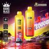 Promotional image for Bang Blaze, a 4-in-1 vape device with a 650mAh battery, Type-C charging, digital display, and four flavour options, set against a vibrant colourful background.