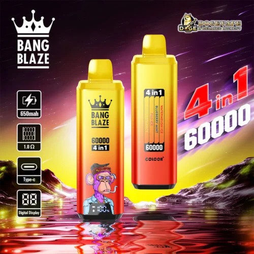 Graphic Featuring Two Bang Blaze 60000 4-In-1 Vaping Devices In Vibrant Colours With Product Specifications Including Battery Capacity And Coil Resistance, Accompanied By Bold Text '4 In 1 60000' On A Stylised Landscape Background.