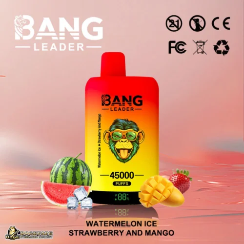 Promotional Image For A Vaping Device Labeled 'Bang Leader,' Featuring A Red-And-Yellow Design, 45000 Puffs Capacity, And Flavors Including Watermelon Ice, Strawberry, And Mango With Respective Fruit Imagery Displayed; Certifications Are Indicated At The Top Right.