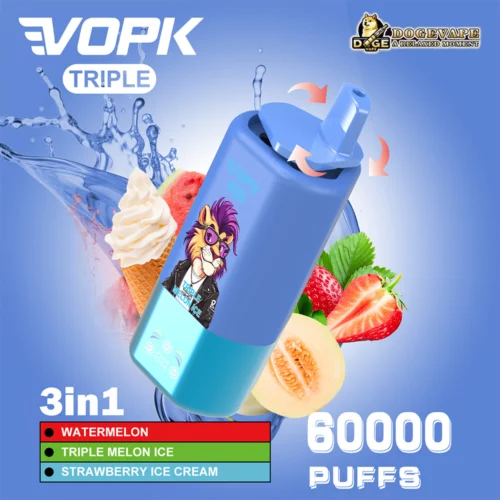 Promotional Image For Vopk Triple Vape Device Showing A Blue Cylinder Device With An Adjustable Top, Adorned With A Cartoon Lion Wearing Sunglasses, Highlighting Features Like 60,000 Puffs And Flavors Including Watermelon, Triple Melon Ice, And Strawberry Ice Cream Against A Dynamic Background Of Fruit And Water Splash Graphics.
