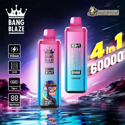 Promotional Image Showcasing Two Bang Blaze Vaping Devices With Colourful Designs, Highlighting Features Such As 4-In-1 Functionality, 650Mah Battery, Type-C Charging, And Digital Display, With A Vibrant Cosmic-Themed Background And The Large Text '4 In 1 60000'.
