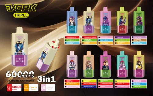 Promotional Image Featuring 3-In-1 Disposable Electronic Vape Devices By Vopk Triple, Showcasing Various Flavours And Their Colourful Designs, Along With Features Such As 60,000 Puffs Capacity And 650Mah Type-C Rechargeable Battery.