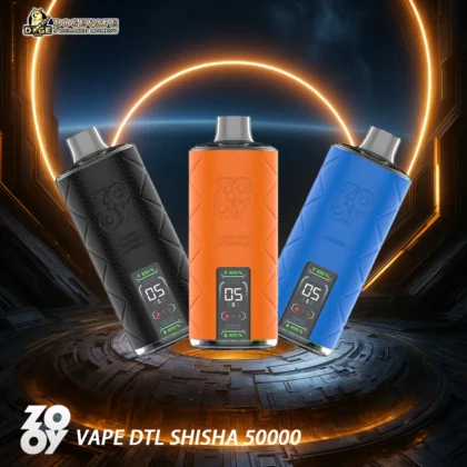 A promotional image featuring three ZOOV vape devices with a futuristic background, showcasing their black, orange, and blue colour variations and digital display screen.