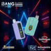 A promotional image featuring two Bang Leader e-cigarettes with adjustable wattage and double flavour options on a futuristic neon-lit background.