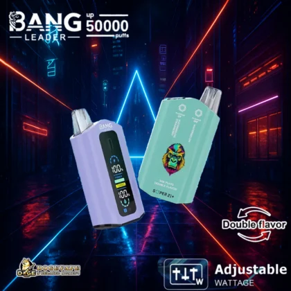 A promotional image featuring two Bang Leader e-cigarettes with adjustable wattage and double flavour options on a futuristic neon-lit background.