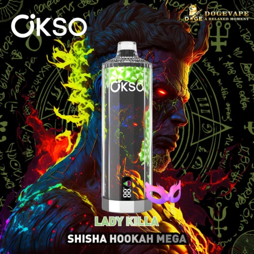Une bouteille de produit cosmétique ou de vapotage étiquetée « Okso » avec un design futuriste et ardent mettant en vedette un visage de démon aux yeux rouges et aux cornes brillant en arrière-plan entouré de symboles mystiques et de flammes colorées dans des teintes vertes, rouges et bleues, avec le texte « Lady Killa » et « Shisha Hookah Mega » en dessous.