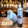 Two blue Bang King Vapen disposable vape devices with monkey graphics on a wooden surface, surrounded by icons and text highlighting features like 600mAh battery, 21ml e-liquid, 1.0Ω dual mesh coil, 3 adjustable flavors, and 8500 puffs, with a blurred warm background.