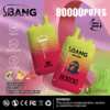 Two gradient yellow-to-red Bang Leader disposable vape devices featuring a chimpanzee with sunglasses, set against a pink and green abstract background with icons indicating Type-C charging, 80000 puffs, dual mesh, and three flavors: avocado ice, lemon lime, and watermelon raspberry, with a warning about nicotine addiction and Dogevape branding.