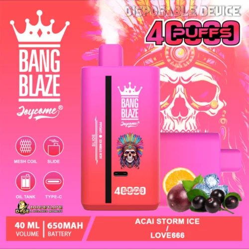 Promotional Image For Bang Blaze Disposable Device Featuring The Acai Storm Ice Flavor With A Crown Logo, Vibrant Pink And Orange Design, And Details Highlighting 40Ml Volume, 650Mah Battery Capacity, And 4000 Puffs, Accompanied By Fruit And Ice Visuals.