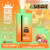Promotional image for Bang Blaze disposable vape device featuring the Beach Sex / Raspberry Watermelon flavor, highlighting 650mAh battery, 40ml volume, up to 4000 puffs, and a colorful design with fruit graphics on a skull-themed background.