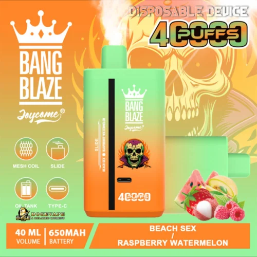 Promotional Image For Bang Blaze Disposable Vape Device Featuring The Beach Sex / Raspberry Watermelon Flavor, Highlighting 650Mah Battery, 40Ml Volume, Up To 4000 Puffs, And A Colorful Design With Fruit Graphics On A Skull-Themed Background.