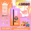 Promotional image for Bang Blaze disposable vaping device highlighting 4000 puffs, mixed flavours of berries, watermelon, and peach, featuring bright packaging with a skull design and technical specifications for coil and battery.