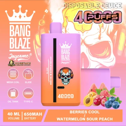 Promotional image for Bang Blaze disposable vaping device highlighting 4000 puffs, mixed flavours of berries, watermelon, and peach, featuring bright packaging with a skull design and technical specifications for coil and battery.