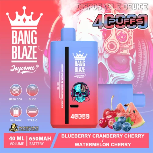 Promotional Image For The Bang Blaze Disposable Vape Device Featuring A Design In Red And Purple Hues, Specifications Including A 40Ml Volume, 650Mah Battery, And Type-C Charging, With Highlighted Flavours Like Blueberry Cranberry Cherry And Watermelon Cherry, Accompanied By Graphic Fruit Illustrations And Branding Elements.