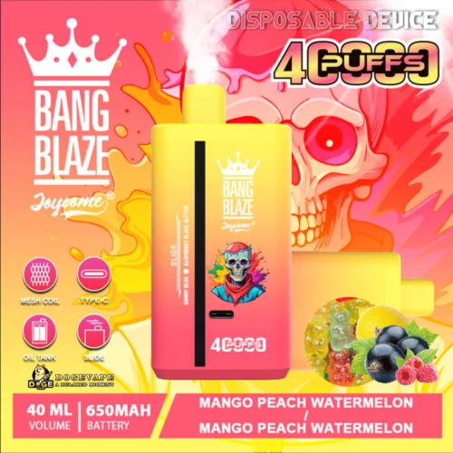 Promotional Image For Bang Blaze Disposable Vape Featuring 40Ml Volume, 650Mah Battery, Mango Peach Watermelon Flavor, And Device Illustration With Colorful Skull Backdrop.