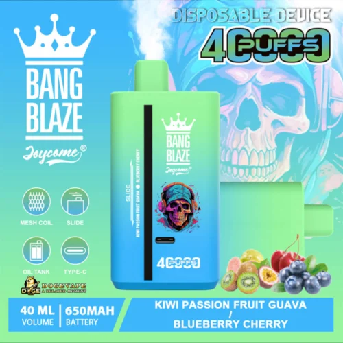 Promotional Image Depicting A Bang Blaze Disposable Vaping Device With 4000 Puffs, Featuring Kiwi Passion Fruit Guava And Blueberry Cherry Flavour Options, Alongside Specifications Such As 40Ml Volume And 650Mah Battery Capacity.