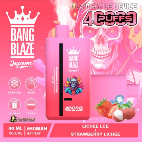 Promotional Image Of A 'Bang Blaze' Disposable Vape Displaying Lively Branding With A Stylised Skull Graphic, Specifications Like 40Ml Volume And 650Mah Battery, And Flavour Details: Lychee Ice And Strawberry Lychee, Surrounded By Colourful Design Elements And Fruit Illustrations.