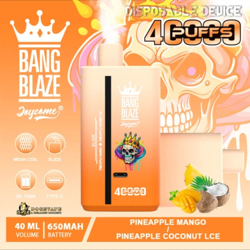 Promotional Image Displaying The Bang Blaze Joycome 4,000 Puff Disposable Vape Device In Pineapple Mango And Pineapple Coconut Ice Flavours, Featuring A Vibrant Orange Design With A Crowned Skull Graphic And Detailed Product Specifications Including 40Ml Volume And 650Mah Battery.