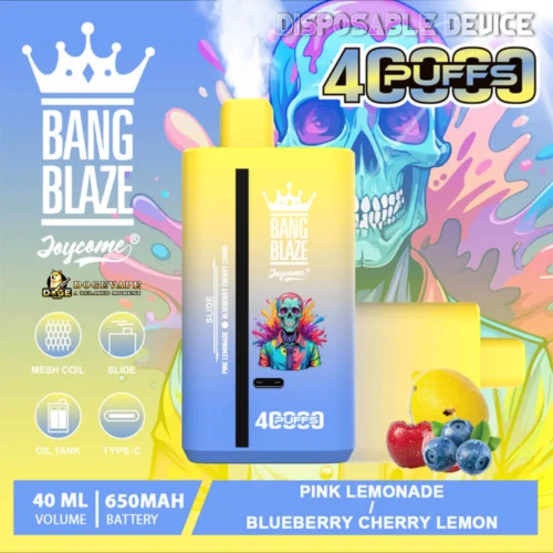 Promotional Graphic For The Bang Blaze Disposable Vape Device Featuring Vibrant Artwork Of A Colorful Skull And Listing Specifications Such As Flavors (Pink Lemonade, Blueberry Cherry Lemon), Device Attributes (650Mah Battery, 40Ml Volume, Slide Mechanism), And Offering 4000 Puffs.