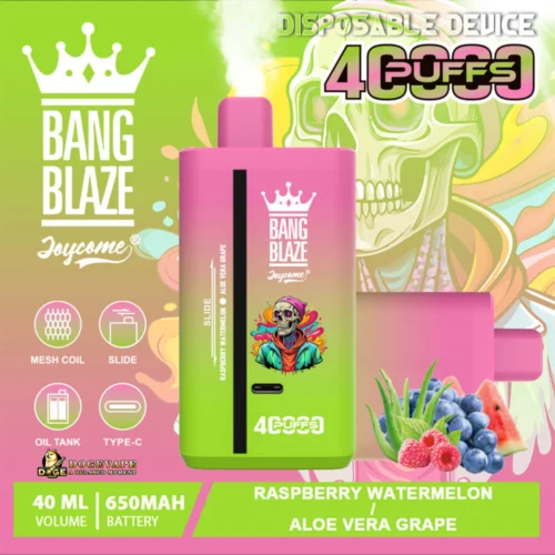 Promotional Image Of Bang Blaze Joycome Disposable Vape Featuring A Pink And Green Design, 40 Ml Capacity, 650Mah Battery, Flavours Raspberry Watermelon And Aloe Vera Grape, And A Graphic Of A Skull Wearing Colourful Attire.