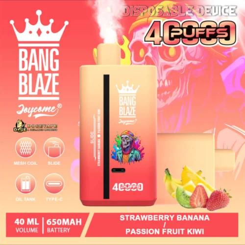 Promotional Image Featuring The Bang Blaze Disposable Vape Device With Specifications Including 4000 Puffs Capacity, 40Ml Volume, 650Mah Battery, Strawberry Banana And Passion Fruit Kiwi Flavours, Overlaid On A Vibrant Background With Fruits And Artistic Illustrations.