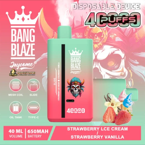 Advertising Graphic For The Bang Blaze Joycome Disposable Vape Featuring A 650Mah Battery, 40Ml Capacity, 4000 Puffs, Strawberry Ice Cream And Vanilla Flavour Option, And Mesh Coil Technology, Alongside Colourful Branding And Design Elements.