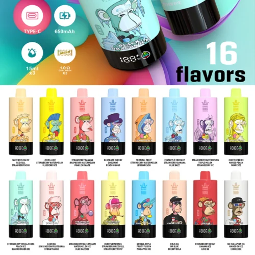 Collection Of 16 Brightly Coloured Disposable Vape Devices From Bang King, Each Featuring A Cartoon Ape Character And Labelled With Unique Fruit And Flavour Combinations Such As Watermelon Ice Red Bull Strawberry Kiwi And Pineapple Coconut Strawberry Banana Blue Razz, Arranged In Two Rows With Icons Indicating Type-C Charging, 650Mah Battery, 15Ml X3, And Dual Mesh Coils.