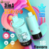 Two pastel blue vaping devices with cartoon graphics and flavor labels, surrounded by colorful abstract swirls, highlighting 3-in-1 adjustable flavors, 75 puffs, USB Type-C charging, 650mAh battery, and 16 flavor options from Bang King Vape.
