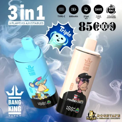 Two Bang King Vapen Disposable Vape Devices With Cartoon Monkey Graphics, One Blue Labeled Pineapple Ice And One Pink Labeled Cherry Cola, Surrounded By Icons Indicating Type-C Charging, 600Mah Battery, 21Ml Liquid Across 3 Flavors, 1.0 Ohm Dual Mesh Coils, 3 In 1 Flavor Adjustability, And 850 Puffs Capacity, On A Smoky Blue And Grey Background.