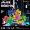 Four colorful Sbang disposable vape devices each featuring a different illustrated monkey face, set against a neon-lit futuristic background with text highlighting 80,000 puffs, three flavors, Type-C charging, and dual mesh feature, alongside health warning and certification logos.