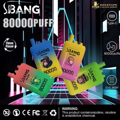 Four Colorful Sbang Disposable Vape Devices Each Featuring A Different Illustrated Monkey Face, Set Against A Neon-Lit Futuristic Background With Text Highlighting 80,000 Puffs, Three Flavors, Type-C Charging, And Dual Mesh Feature, Alongside Health Warning And Certification Logos.