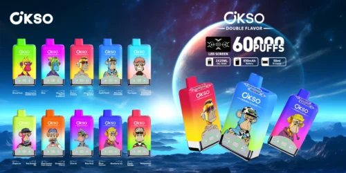 Promotional Image For Okso Brand E-Cigarettes Featuring A Variety Of Flavors With Colorful Packaging And Graphic Artwork Depicting Stylized Primates Alongside Specifications For 60,000 Puffs And Led Functionality, Set Against A Space-Themed Background.