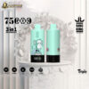 Two mint green Bang King vape devices with black bases displayed on a white pedestal surrounded by white floral wreath, featuring a monkey graphic on one and small fruit icons on the other, with text highlighting 75 puffs, 3-in-1 adjustable flavors, and specifications like Type-C charging and 650mAh battery.