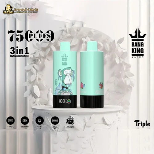 Two Mint Green Bang King Vape Devices With Black Bases Displayed On A White Pedestal Surrounded By White Floral Wreath, Featuring A Monkey Graphic On One And Small Fruit Icons On The Other, With Text Highlighting 75 Puffs, 3-In-1 Adjustable Flavors, And Specifications Like Type-C Charging And 650Mah Battery.