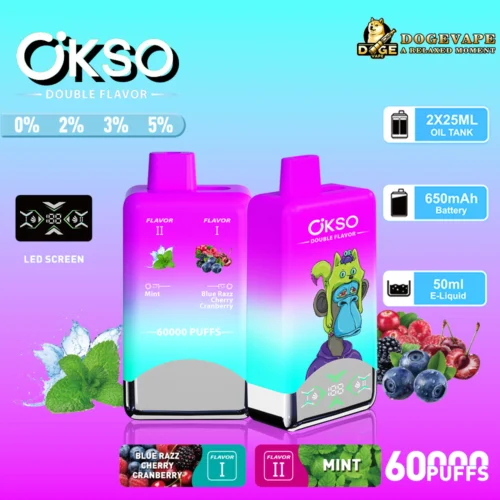 Promotional Image Of Okso Double Flavor Vape Featuring Flavors Mint And Blue Razz Cherry Cranberry, With Highlights On 650Mah Battery And 50Ml E-Liquid Capacity Offering 60,000 Puffs, Set Against A Gradient Background.
