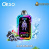OKSO branded vape device with neon rainbow border and central graphic of a hooded figure, surrounded by splashes of water and ice cubes on a blue background, alongside fresh blueberries and blackberries, labelled 'Blue Razz Ice'