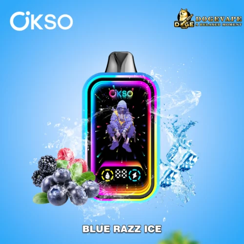Appareil de vapotage de marque Okso avec bordure arc-en-ciel fluo et motif central représentant une silhouette encapuchonnée, entourée d'éclaboussures d'eau et de glaçons sur fond bleu, à côté de myrtilles et de mûres fraîches, étiqueté « Blue Razz Ice ».